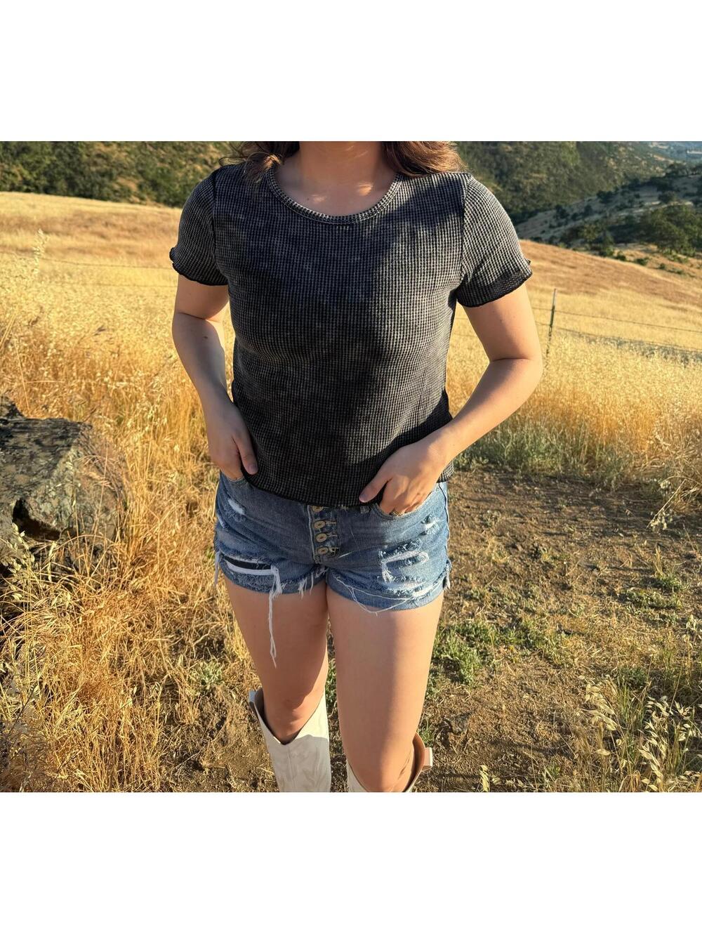Mineral washed lettuce hem knit top